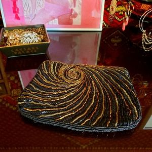 Vintage art deco black, gold & copper beaded clutch